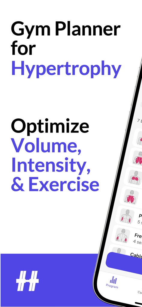 Tela do planejador de academia do aplicativo de hipertrofia Hyper para otimizar volume e intensidade.