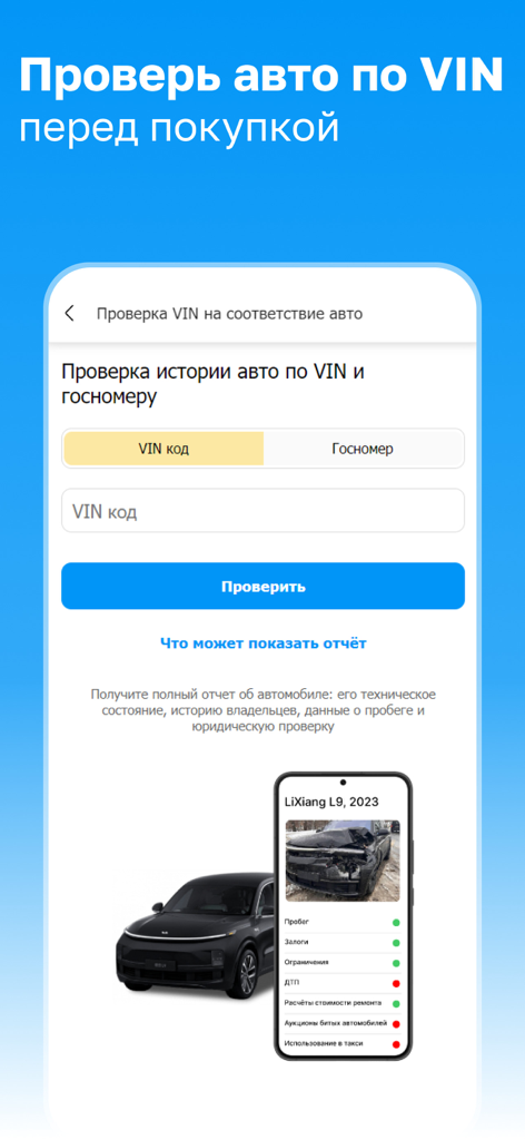 Avtorynok App-Oberfläche zur Überprüfung der Fahrzeughistorie und des technischen Zustands anhand einer Fahrgestellnummer.