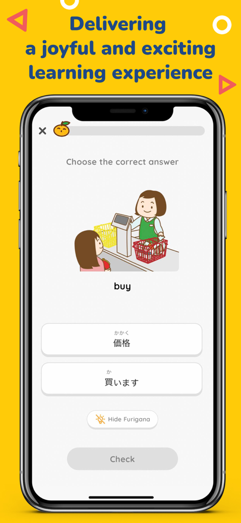 MochiKanji - Learn Japanese - Interfaz de la app MochiKanji mostrando un cuestionario de vocabulario japonés para la palabra comprar con una linda ilustración de supermercado