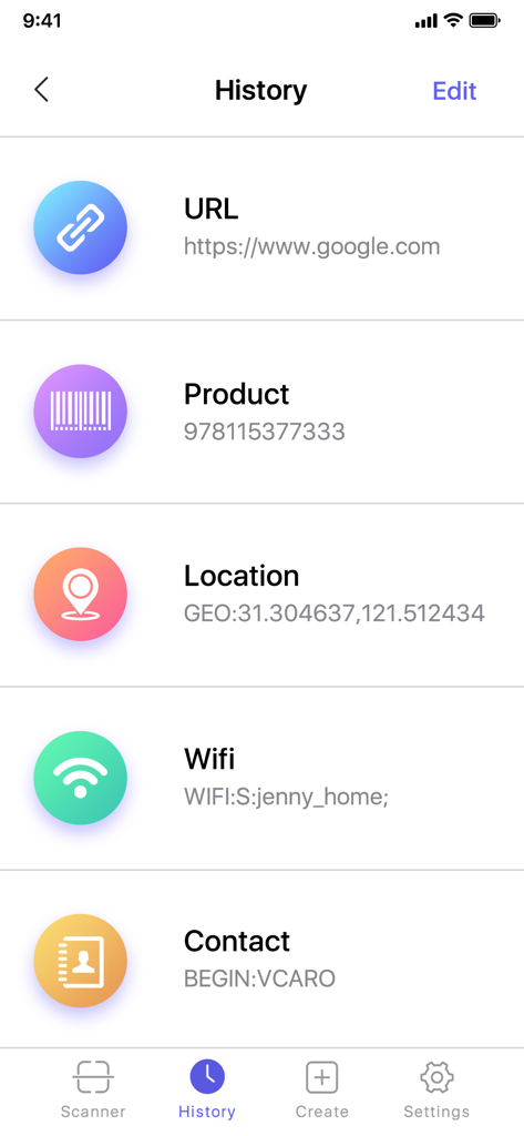 Barcode Scanner QR Code Reader - A list of scanned items in the barcode app history including URLs products locations and wifi networks