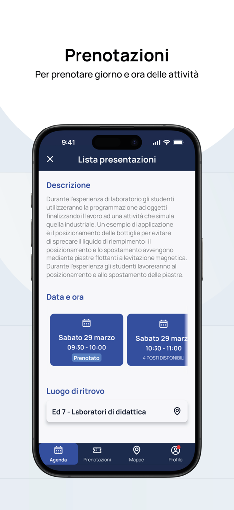 Interface of the Open Day Polimi app showing a laboratory presentation booking screen with description and time slots.