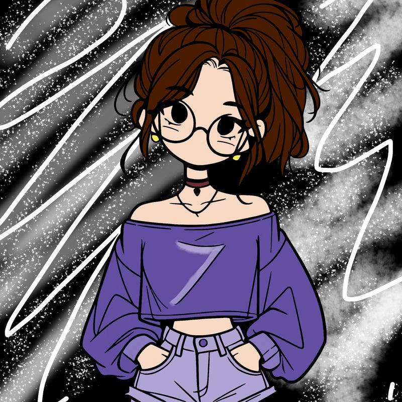 girl with a messy ponytail glasses a baggy crop top and jean shorts