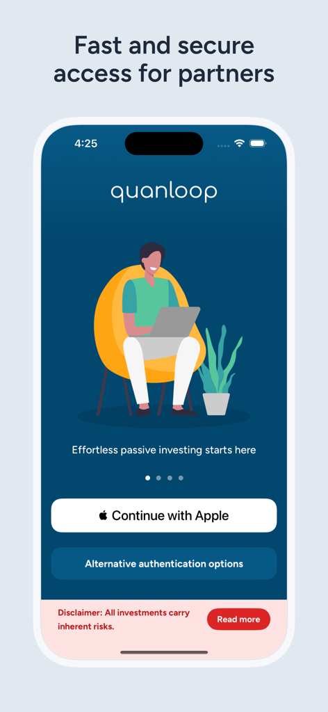 Écran d'accueil de l'application Quanloop Funds avec le slogan « Les investissements passifs sans effort commencent ici » et un bouton de connexion Apple.