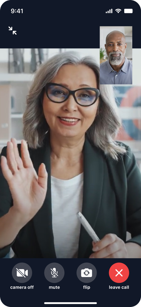 Medable - Medable app televisit interface showing a video call between a healthcare professional and a patient