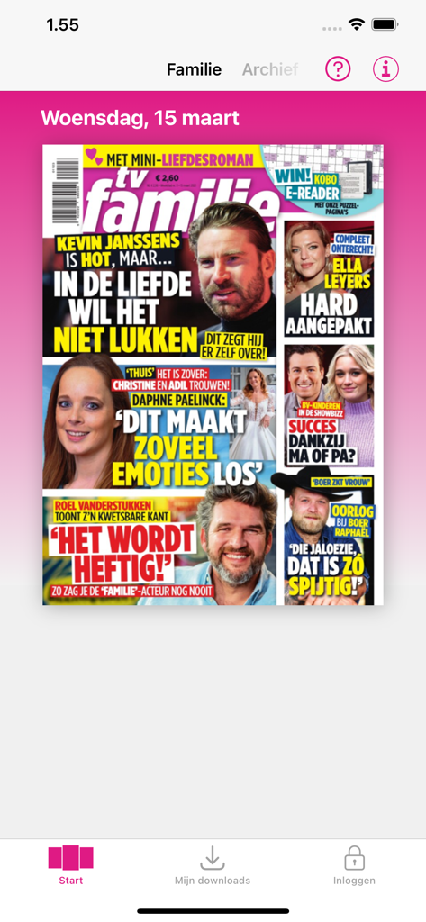 TV Familie - Pantalla de inicio de la aplicación TV Familie con la portada de una revista digital con celebridades flamencas