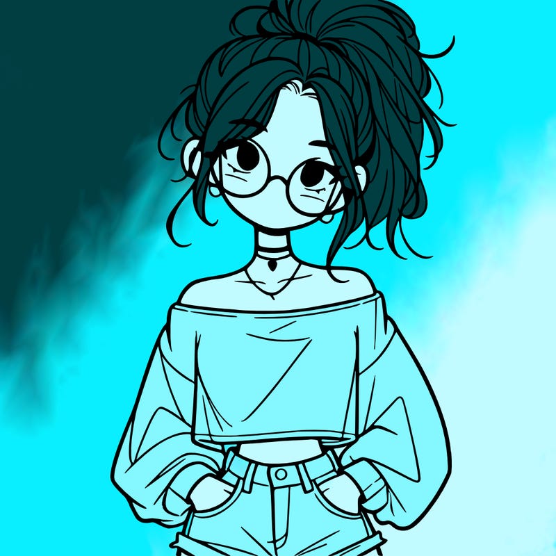 girl with a messy ponytail glasses a baggy crop top and jean shorts