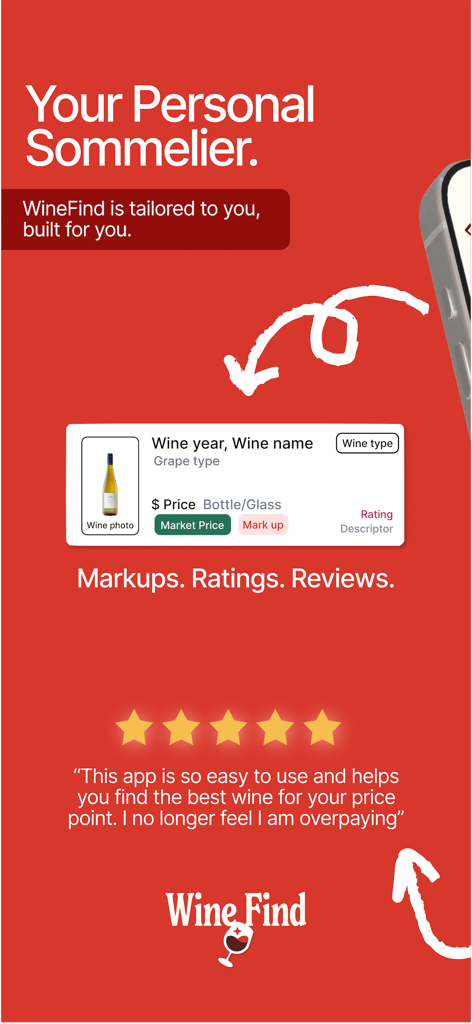 Wine Find app interface showing wine markups and ratings with a user testimonial.
