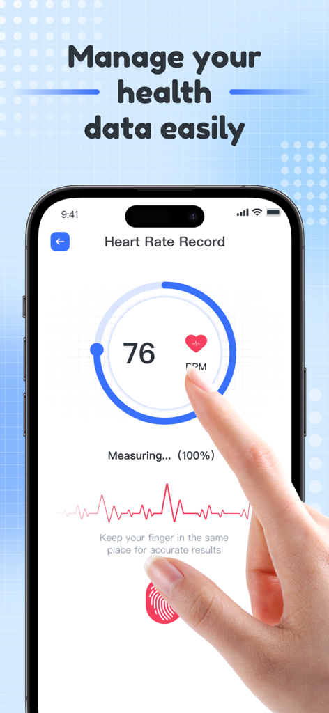 BP Easy Log - A person using the BP Easy Log app on an iPhone to measure their heart rate showing 76 BPM