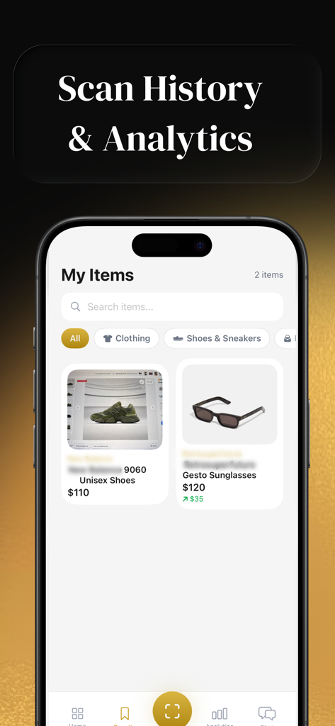 Thriftly: Profit Identifier - Thriftly app dashboard displaying scan history and analytics for reselling items like shoes and sunglasses.