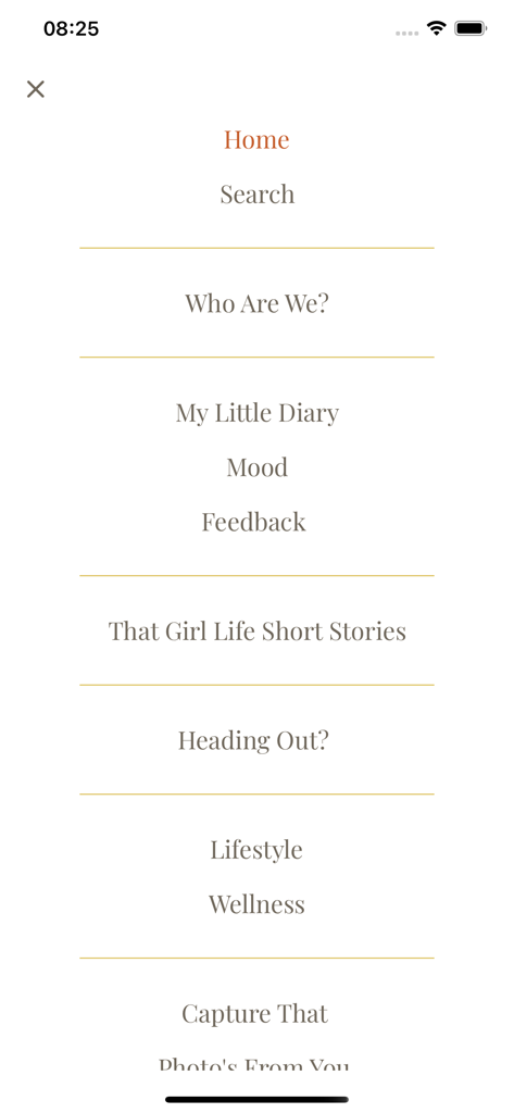 That Girl Life - Um menu de navegação minimalista de aplicativo móvel para That Girl Life com categorias como Meu Diarinho, Humor, Estilo de Vida e Bem-Estar.