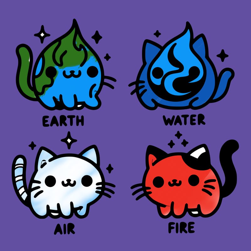 4 cats that represent the different elements, earth, water, air, and fire