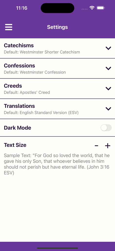 Reformed Companion - Settings screen of the Reformed Companion app showing customization options for catechisms confessions and reading preferences