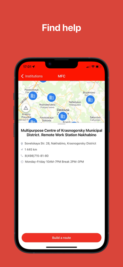 112 МО - Mobile app screen showing a map with administrative institutions and contact details for a multipurpose center