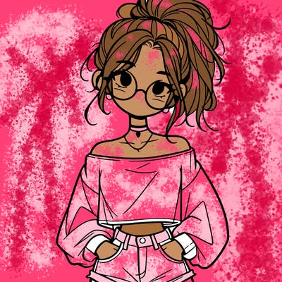 girl with a messy ponytail glasses a baggy crop top and jean shorts