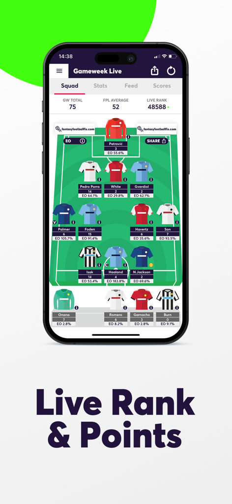 Fantasy Football Fix for FPL - Fantasy Football Fix app interface showing live gameweek rank and squad points on a pitch view
