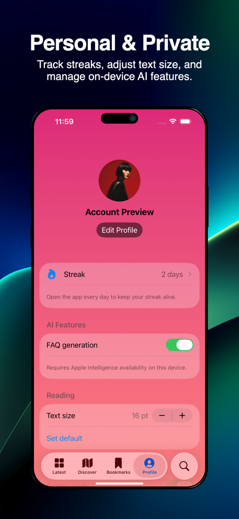 Allwomenstalk - Allwomenstalk app profile screen showing user streak, AI feature toggle, and text size adjustment settings
