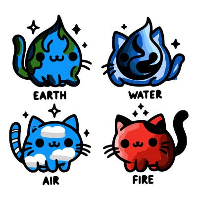 4 cats that represent the different elements, earth, water, air, and fire