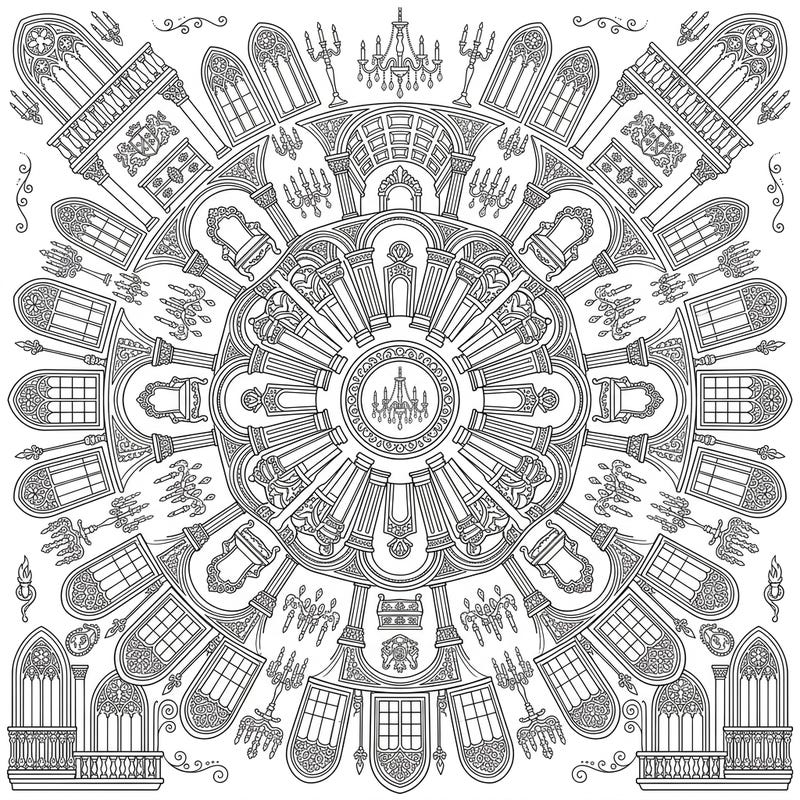 Unleash your inner artist with this stunning mandala coloring page, intricately designed with luxurious palace interiors. Explore a symmetrical world of grand architectural details, from ornate arches to sparkling chandeliers, awaiting your creative touch.