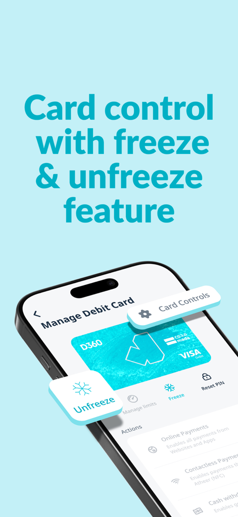 D360 Bank mobile app interface showing debit card management with freeze and unfreeze options