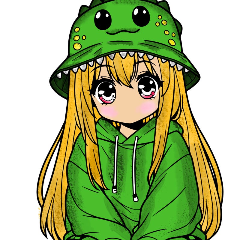 girl with anime shaped eyes with a dinosaur bucket hat oversized sweatshirt long straight hair