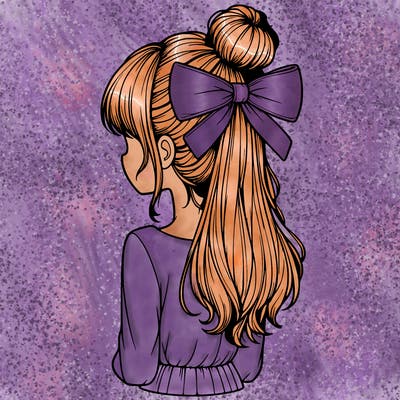 realistic girl  with hip length hair a bun and a big bow on the back of head