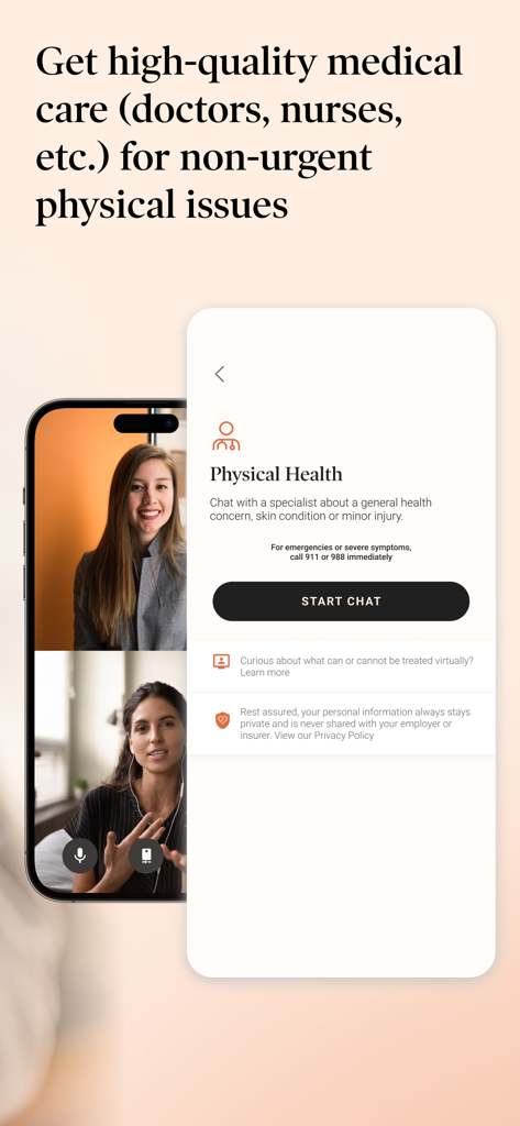 Interface of the Dialogue Health app showing a video call with a medical professional and a physical health chat option.