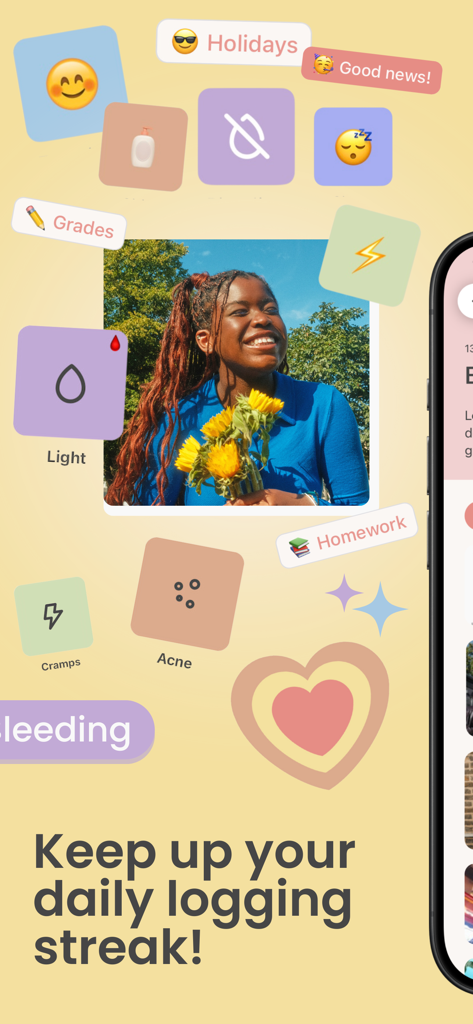 luna: teen health & period app - Un'interfaccia colorata dell'app luna che mostra icone per monitorare il ciclo mestruale, l'umore e la salute della pelle con un promemoria per mantenere una serie di registrazioni giornaliere.