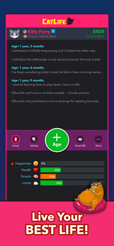 BitLife Cats - CatLife - Una captura de pantalla del juego móvil de CatLife que muestra eventos de vida de gatos y estadísticas.