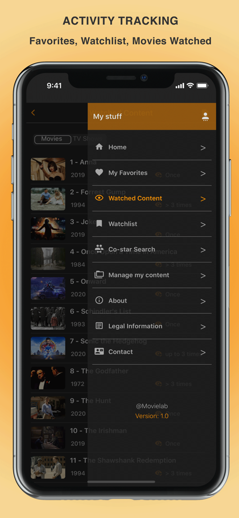 Movielab app interface showing the My Stuff menu for tracking favorites watchlist and watched movies