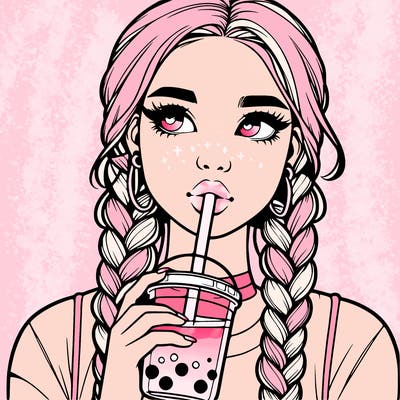 realistic girl with braided hair drinking boba