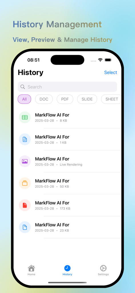 MarkFlow: AI Format Engine - Interfaz de gestión de historial de la aplicación MarkFlow mostrando una lista de documentos de IA convertidos con filtros de formato