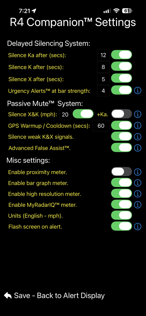 The R4 Companion app settings screen featuring delayed silencing systems and passive mute configurations for radar detectors