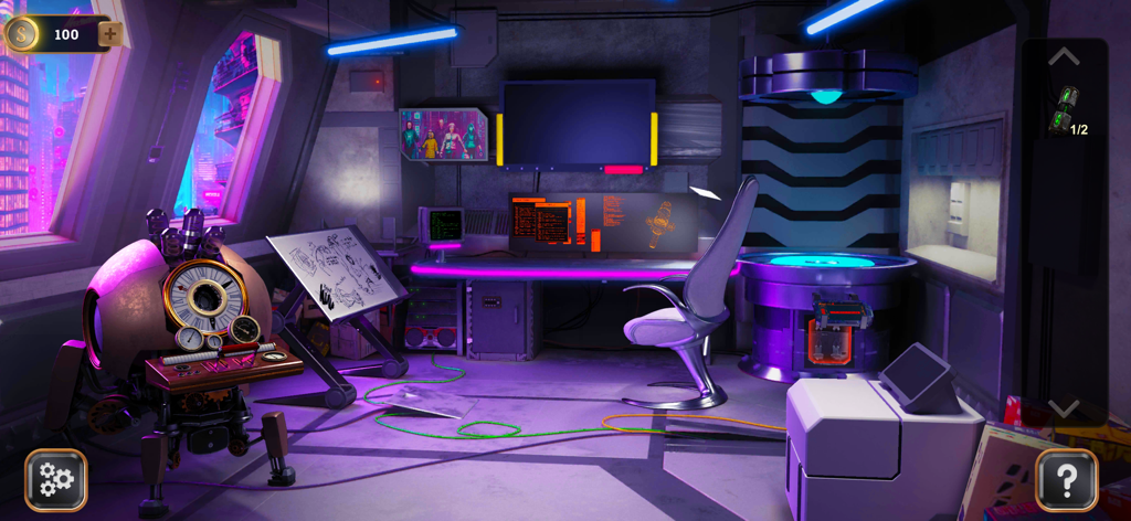 Time Travel: Escape Game - A futuristic laboratory scene with a glowing time machine and neon computer monitors in Time Travel Escape Game.