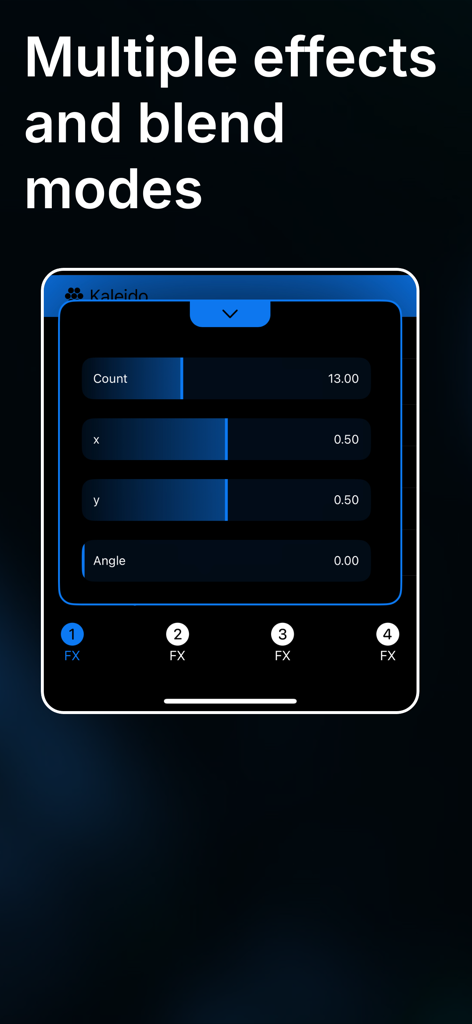 Interfaz móvil de GoVJ que muestra parámetros ajustables del efecto caleidoscopio y múltiples ranuras de efectos.