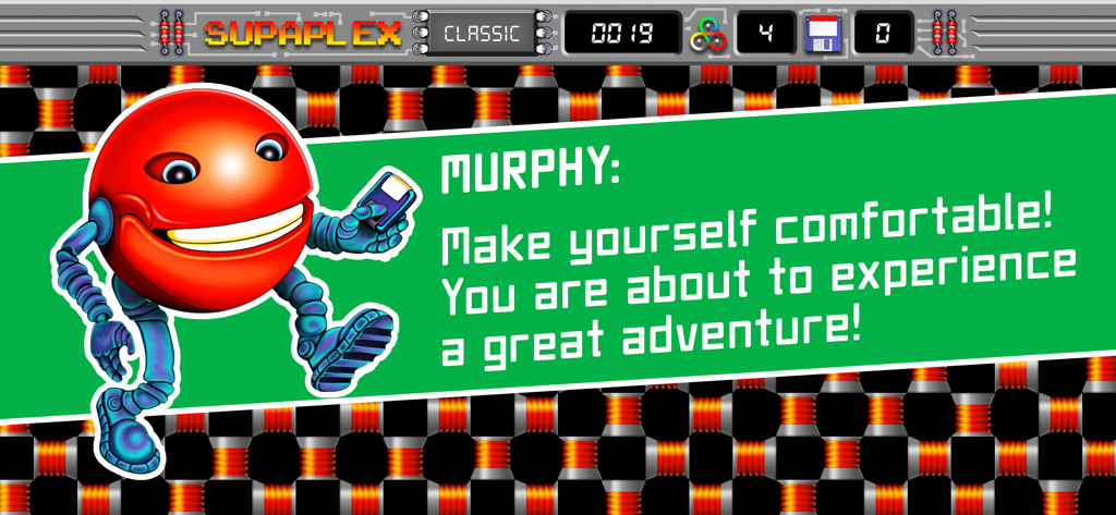 Supaplex - Murphy the red character welcomes players to the Supaplex Classic game adventure