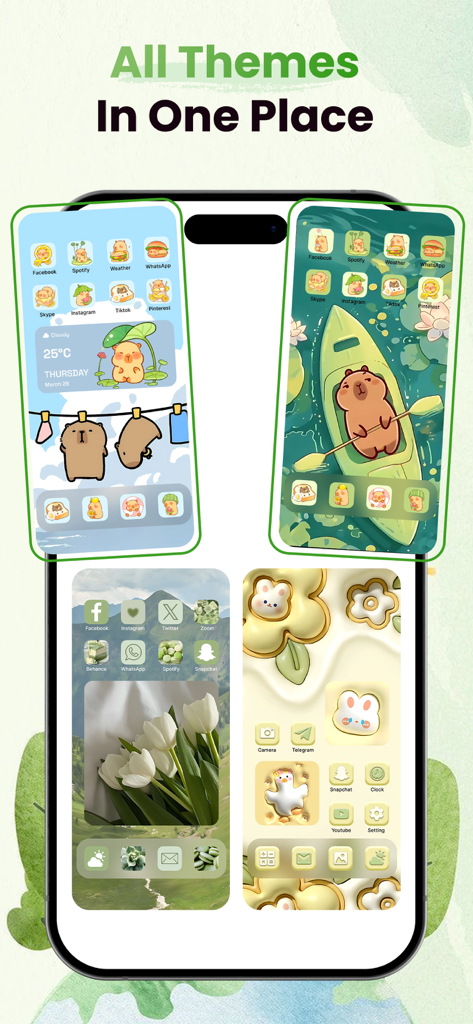 Una colección de temas estéticos de pantalla de inicio de iPhone con iconos y widgets personalizados.