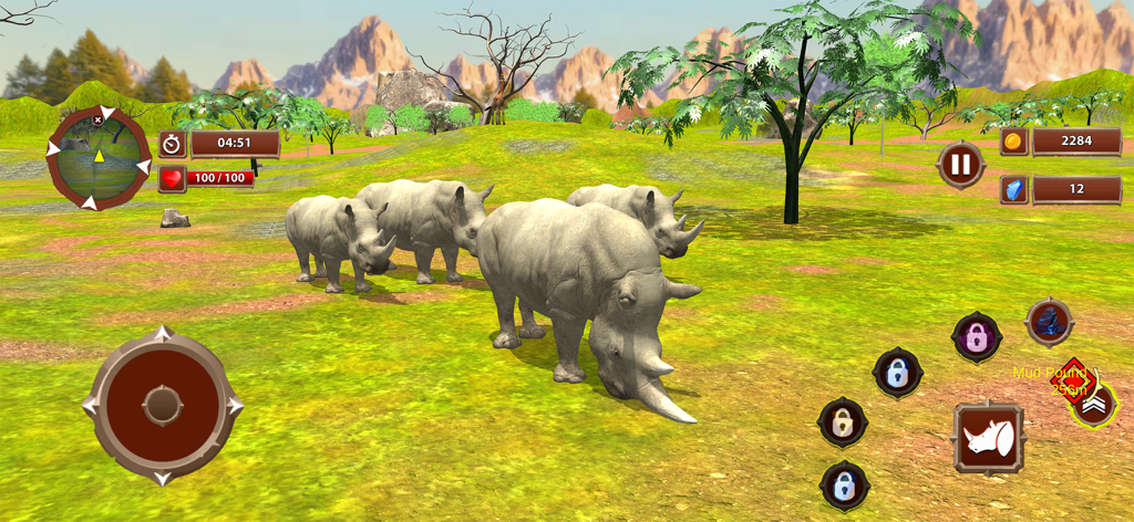 Virtual Wild Rhino Family Sim - A group of three rhinos grazing in a grassy safari environment with game interface controls