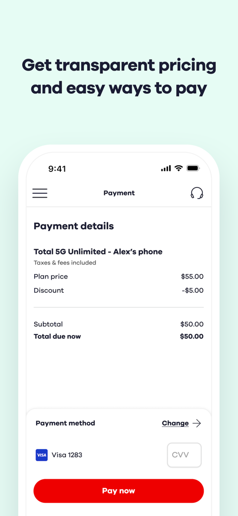 My Total Wireless: Account App - My Total Wireless app payment screen showing plan pricing details and a pay now button.