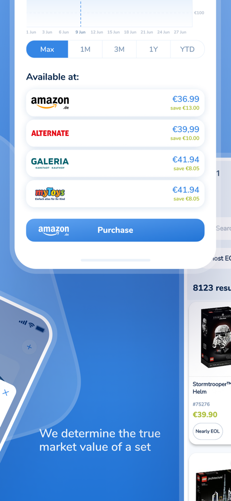 Brickfact - Mobile app interface showing LEGO set price comparisons across multiple retailers and market value statistics.
