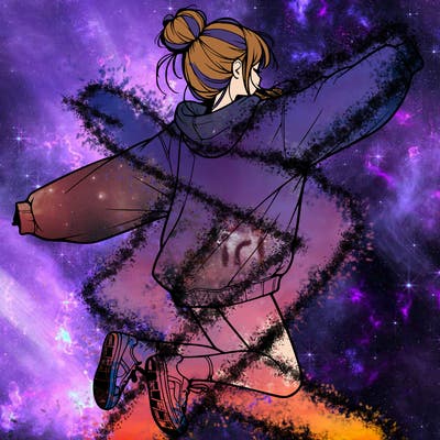 realistic girl jumping with a bun and oversized sweatshirt