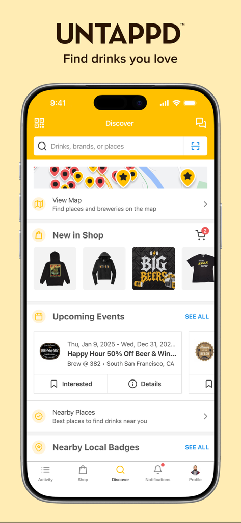 Untappd mobile app Discover screen showing search bar map view and local beverage events
