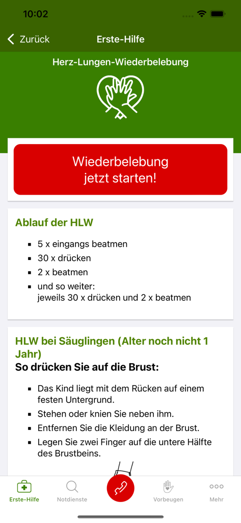 Kindernotfall-App - Tela de primeiros socorros de emergência para RCP em bebês com instruções de reanimação e um botão iniciar