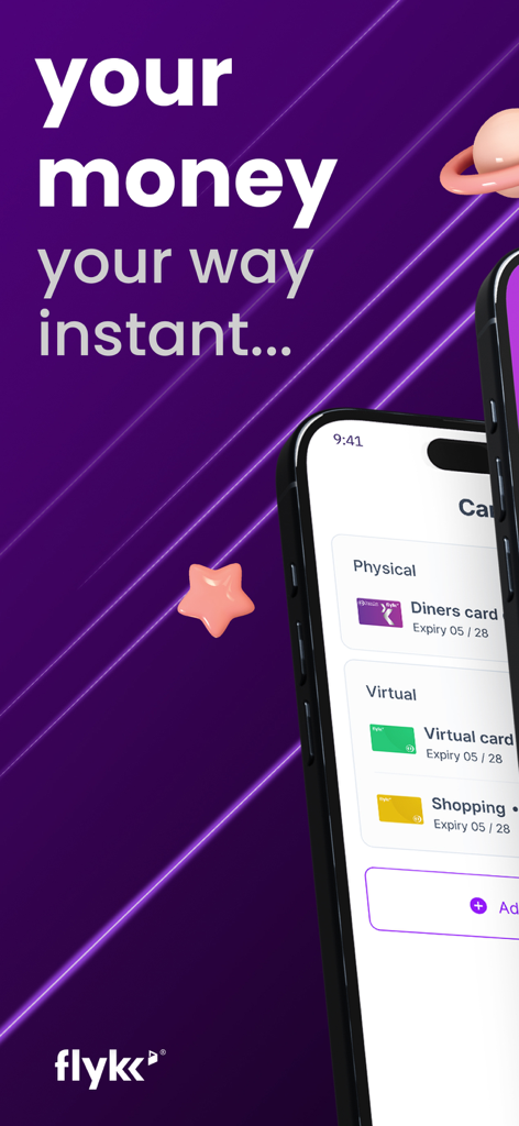 flykk - The flykk app interface showing options for physical Diners Club and virtual shopping cards.
