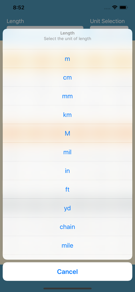 Length-Units Converter - 미터, 센티미터, 인치, 피트와 같은 미터법 및 야드파운드법 옵션을 보여주는 단위 선택 모달