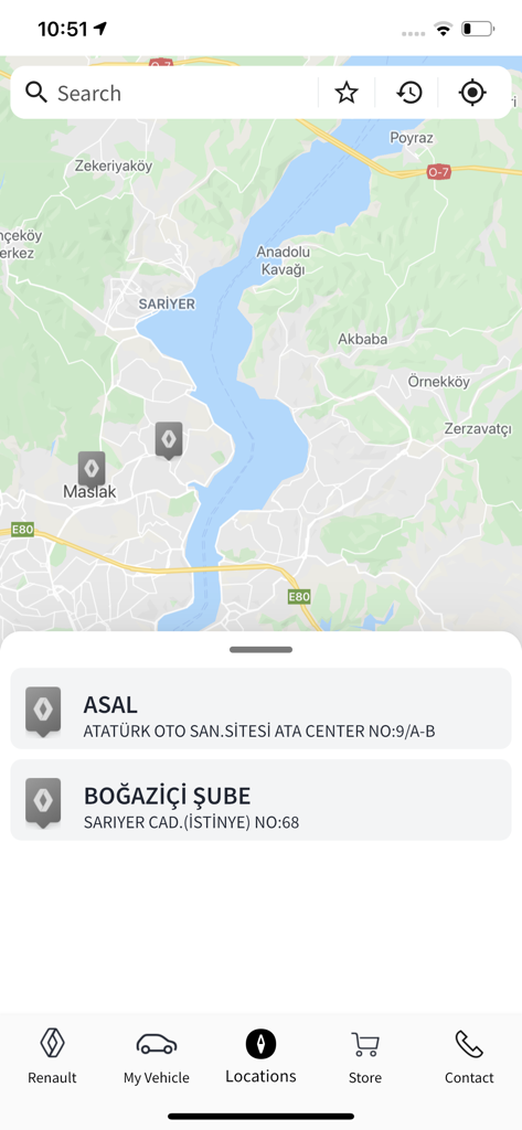 A map interface in the Renault PORT app showing locations of authorized dealers and service centers