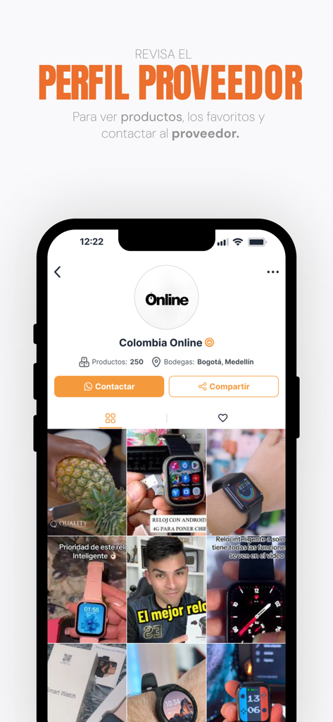 Dropi App - Dropiアプリのサプライヤープロファイルビュー。連絡先オプションとドロップシッピング商品のカタログが表示されています。
