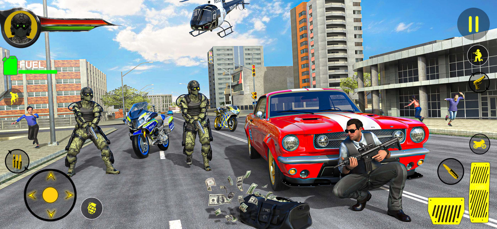 Police Bike Games: Bike Chase - Police officers in tactical gear with guns next to a red car in a city