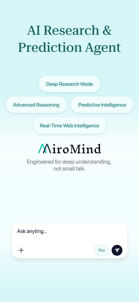 MiroMind - MiroMind KI-Recherche- und Vorhersageagent-App-Oberfläche mit Tiefenrecherche und erweiterten Argumentationsfunktionen