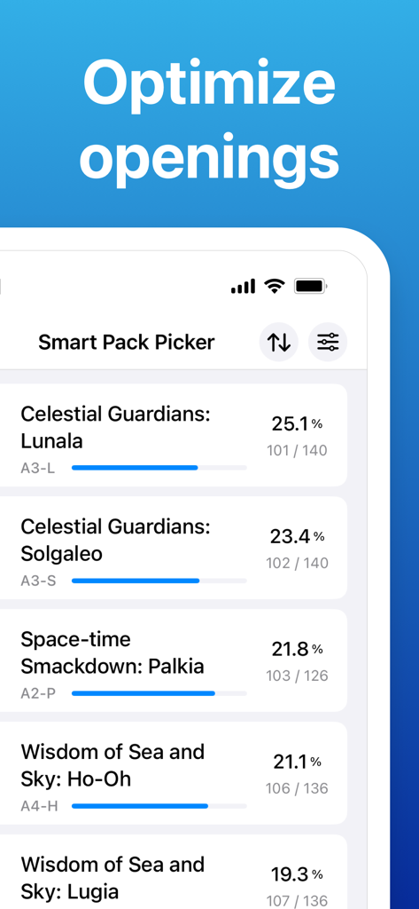 ProDex TCGP - For Pokémon TCGP - Smart Pack Picker interface showing pull rate percentages for different Pokemon card booster packs