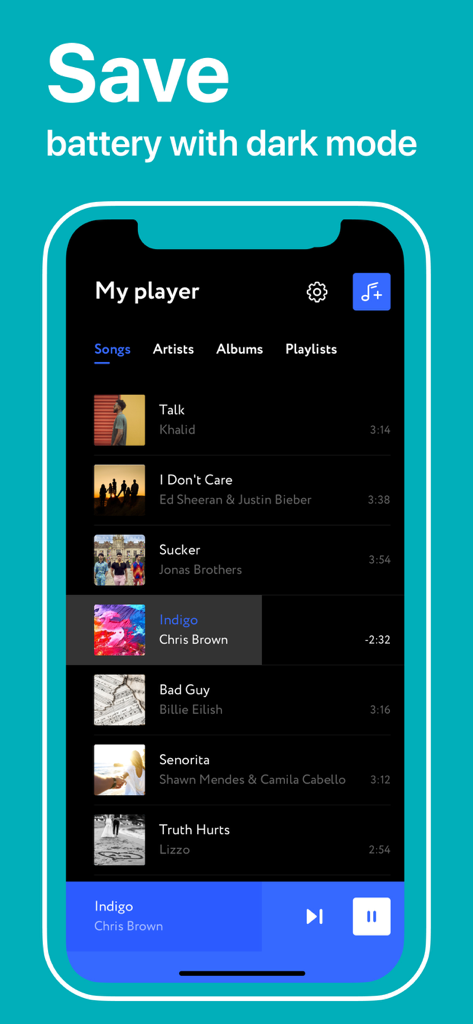 Interface de l'application Lecteur de musique hors ligne en mode sombre affichant une liste de chansons pour économiser la batterie